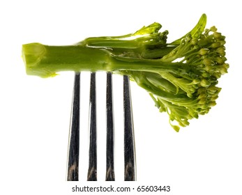 Fresh Healthy Green Tenderstem Broccoli On A Fork Isolated On White, No People