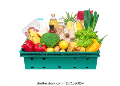 Fresh Healthy Groceries And Vegetables From Supermarket In Green Tray Box Isolated On White Background