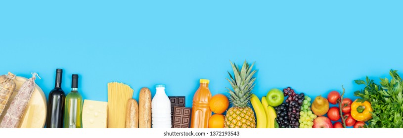 Fresh Healthy Grocery Shopping Items: Vegetables, Fruit, Drinks, Dairy And Cured Meat