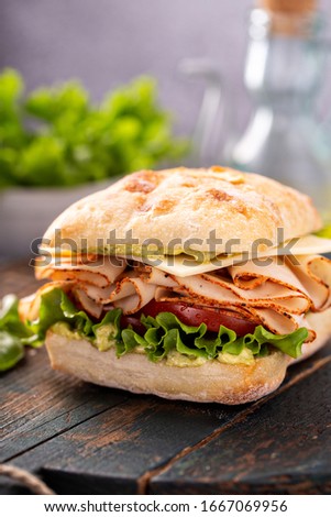 Fresh and healthy pesto turkey sandwich with white cheddar cheese