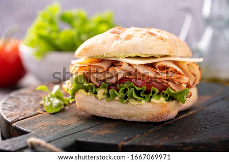Fresh and healthy pesto turkey sandwich with white cheddar cheese