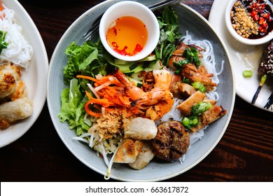 Fresh Healthy Vietnamese Asian Vermicelli Noodle Salad Bowl with Shrimp and Vegetables