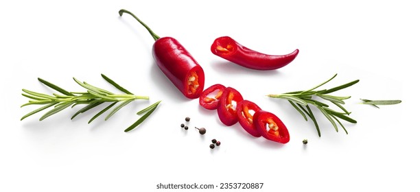 Fresh herb rosemary and red chilli pepper on white background. Ingredient, spice for cooking. collection for design
