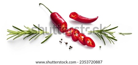 Fresh herb rosemary and red chilli pepper on white background. Ingredient, spice for cooking. collection for design
