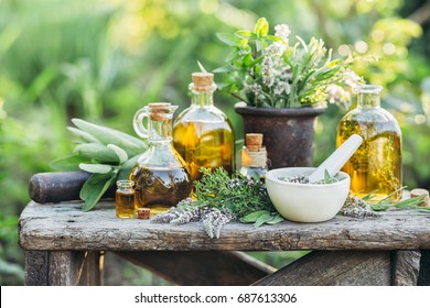 Fresh herbs from the garden and the different types of oils for massage and aromatherapy. - Shutterstock ID 687613306