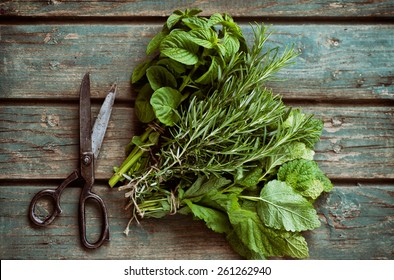 Fresh herbs. Melissa, rosemary and mint in rustic setting - Shutterstock ID 261262940
