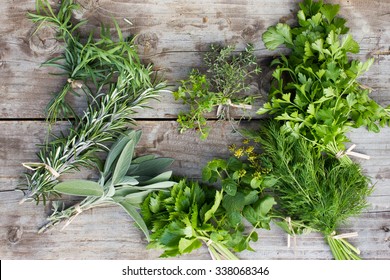 Fresh herbs: thyme, tarragon, sage, rosemary, parsley, mint, dill, coriander, celery, thyme