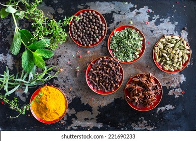 Fresh Herbs And Whole Spices Displayed On A Vintage Metal Cooking Sheet. Overhead Top View Shot Looking Down.