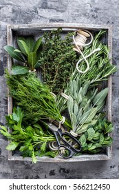 fresh herbs in wooden box on stone background