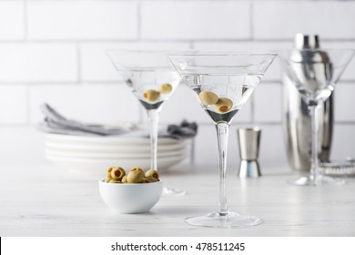 Fresh home made vodka martini cocktails with olives
