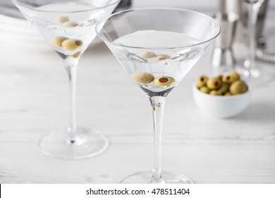 Fresh home made vodka martini cocktails with olives