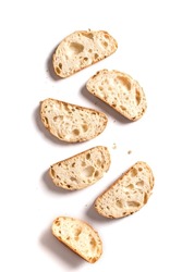 Fresh Homebaked Artisan Sourdough Bread. Slices Of Bread Isolated On White Background, Design Element.