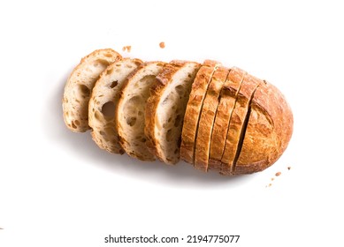 Fresh homebaked artisan sourdough bread. Sliced loaf of bread isolated on white background, design element.