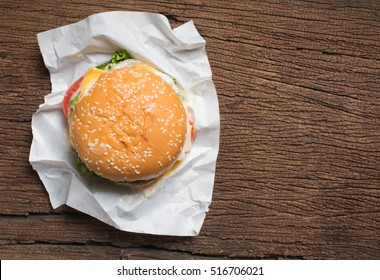 Fresh Homemade Burger Cheeseburger On Wooden ,top View