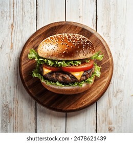 Fresh homemade burger with white sesame seeds, cheese in wood plate and on white wood background, wooden surface. Top side view natural lighting - Powered by Shutterstock