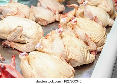 Fresh Homemade Chicken Carcass On The Counter Of The Meat Pavilion, Raw Chicken Carcasses Sold In The Market Counter.