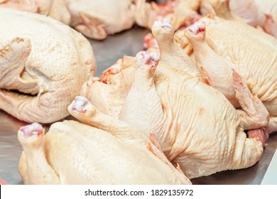 Fresh Homemade Chicken Carcass On The Counter Of The Meat Pavilion, Raw Chicken Carcasses Sold In The Market Counter.