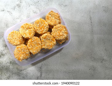 Fresh Homemade Chicken Nugget In Transparent Plastic Box. Selective Focus. 