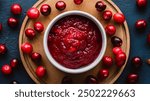 Fresh homemade cranberry sauce on a wooden board, surrounded by raw cranberries.
