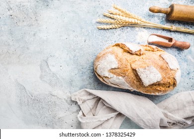 Fresh homemade crisp bread, top view. French bread. Bread at leaven. Unleavened bread