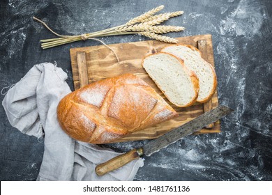 Fresh homemade crisp bread, top view. French bread. Bread at leaven. Unleavened bread