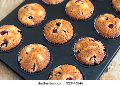 Fresh Homemade Delicious Blueberry Muffins In Muffin Tray. Selective Focus