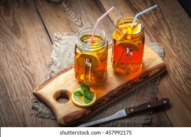 Fresh Homemade Ice Tea With Lemon And Mint.