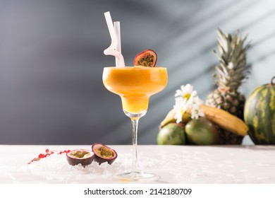 Fresh homemade maracuja Frozen on a marble table, on a soft focus background. - Shutterstock ID 2142180709