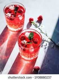 Fresh Homemade Mocktail With Raspberry And Mint. Kombucha Drink With Fruits And Mint.