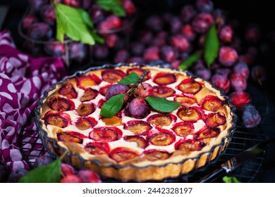 Fresh homemade plum tart or cake on dark background
 - Powered by Shutterstock