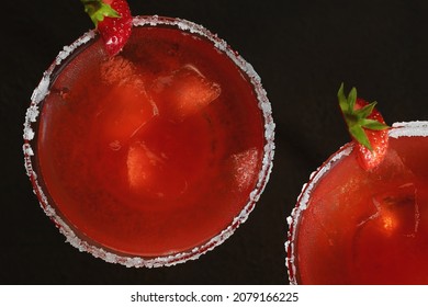 Fresh Homemade Refreshing Strawberry Cocktail Margarita In Glasses, Flat Lay, Top View