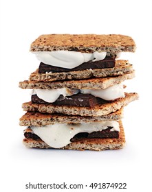 Fresh Homemade Smores With Marshmallows, Chocolate And Graham Crackers Isolated On White Background. The Popular American Cuisine Dessert.