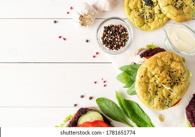 Fresh Homemade Veggie Burger With Beetroot Cutlet And Vegetables