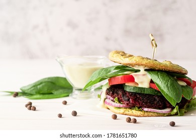 Fresh Homemade Veggie Burger With Beetroot Cutlet And Vegetables