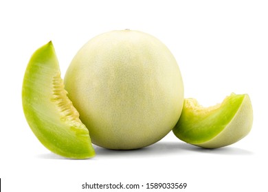 Fresh Honey Dew Or Melon Slice Fruit Isolated On White Background