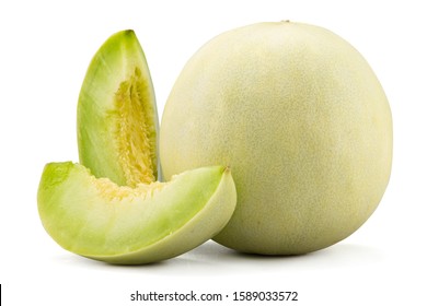 Fresh Honey Dew Or Melon Slice Fruit Isolated On White Background