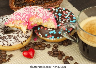 fresh hot coffee and donuts traditional sweets with calorie junk food unhealthy breakfast