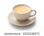 Fresh hot creamy coffee in light porcelain cup on white.