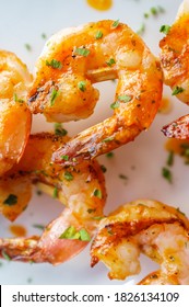 Fresh Hot Grilled Jumbo Shrimp Kebabs With Parsley