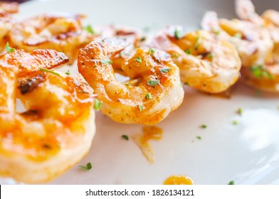 Fresh Hot Grilled Jumbo Shrimp Kebabs With Parsley