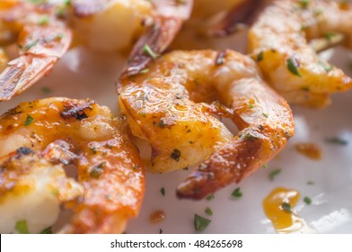 Fresh Hot Grilled Jumbo Shrimp Kebabs With Parsley