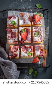 Fresh And Hot Strawberry Cake Made Of Yeast Dough. Summer Fruit Sponge Cake .