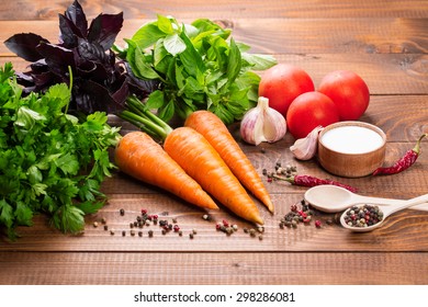 Fresh Ingredients For Cooking On The Wood Table