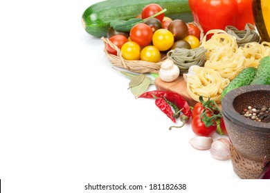 Fresh ingredients for cooking: pasta, tomato, cucumber, mushroom and spices. Isolated on white background - Shutterstock ID 181182638