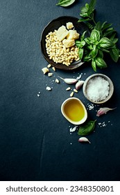 Fresh ingredients for homemade basil pesto. Top view. Copy space - Shutterstock ID 2348350801