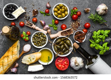 Fresh ingredients of italian food, mediterranean diet, background - Shutterstock ID 1568363572