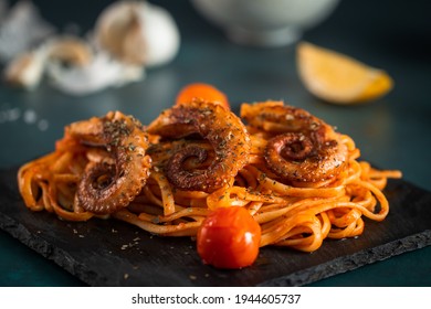 Fresh Italian Pasta With Octopus. Linguine Pasta With Octopus And Tomato Sauce