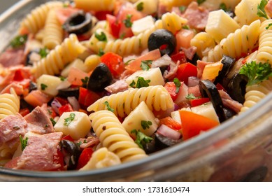 Fresh Italian Pasta Salad With Salami, Black Olvies, Tomato, Mozzarella - Family Favorite For Summer Potluck