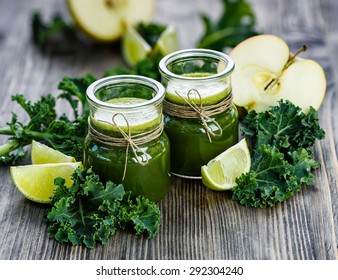 Fresh Juice Of Kale With The Addition Of Limes And Apples