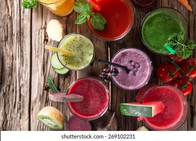 Fresh Juice Mix Fruit, Healthy Drinks On Wooden Table.